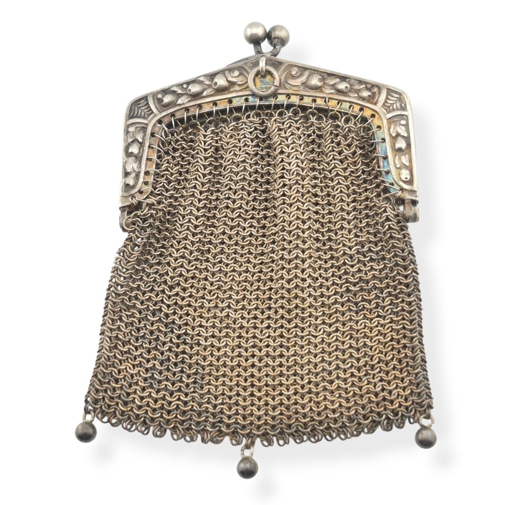 Antique Art Nouveau Alpacca Silver Mesh Coin Purse Chainmail Chatelaine 4"